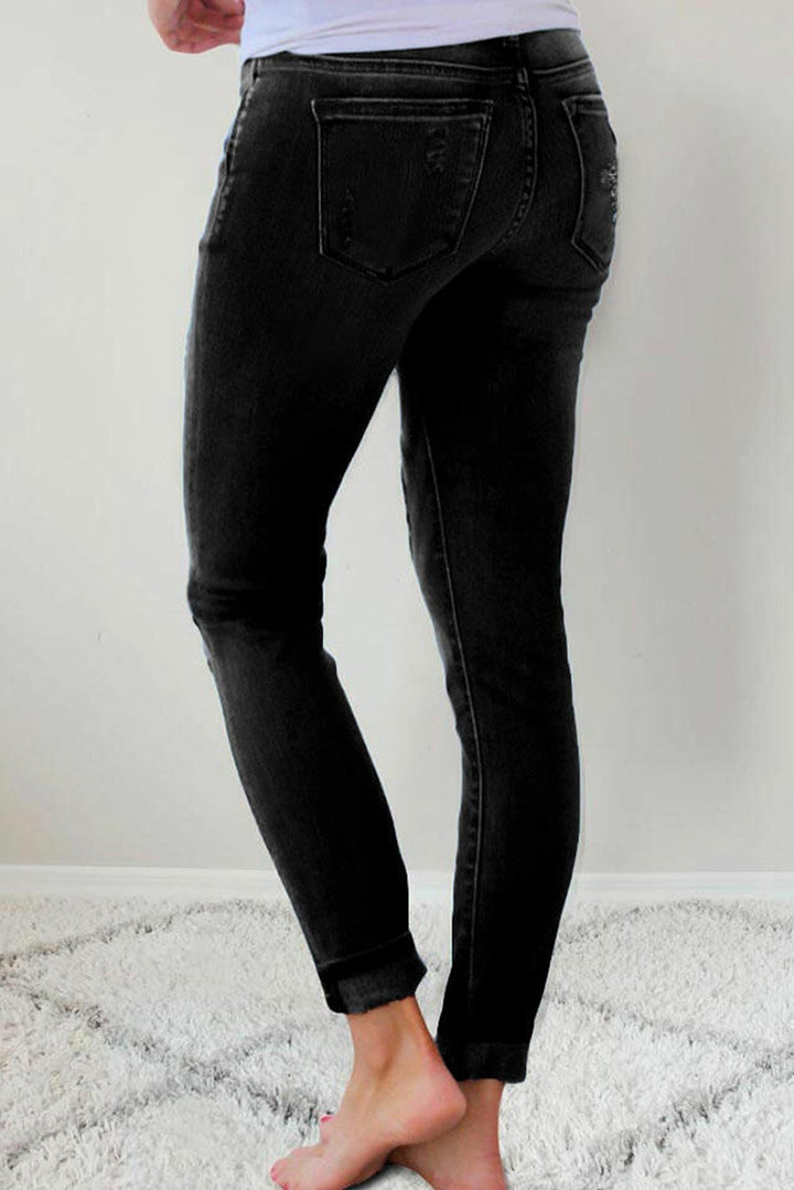 Ripped Leopard Patch Pocket High Waist Skinny Jeans - cas7m