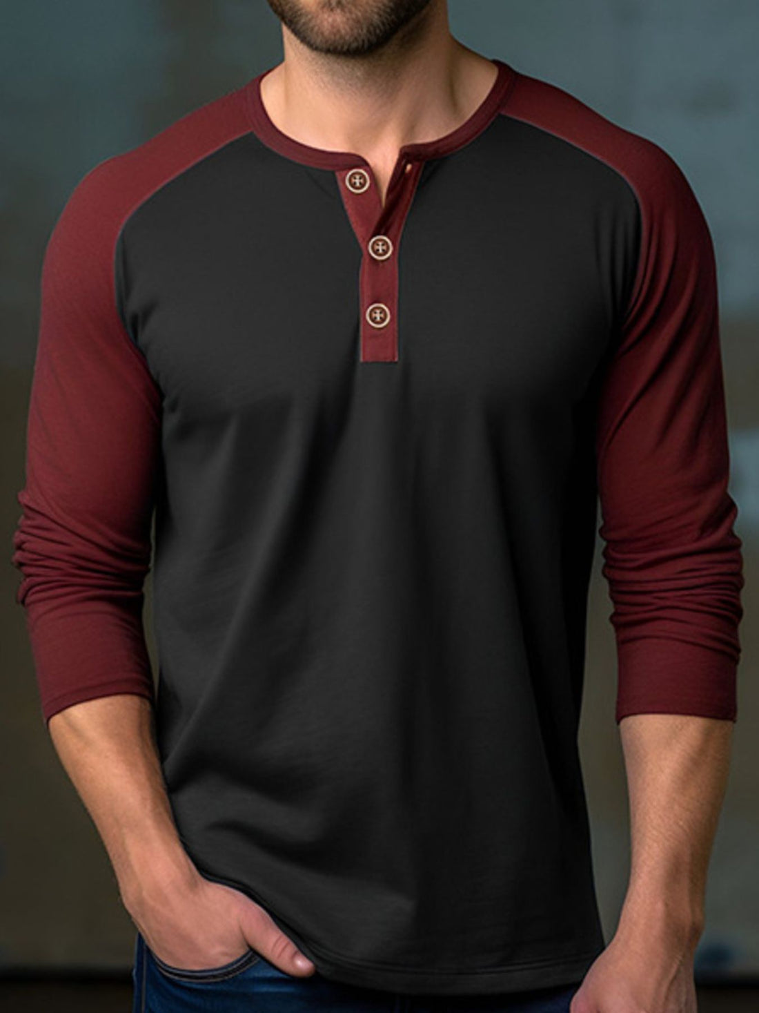 Men's Casual Henley Long Sleeve T-Shirt - cas7m