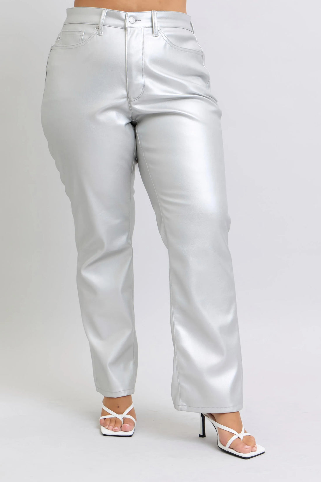Judy Blue Full Size High Waist Silver Faux Leather Pants Plus Size - cas7m