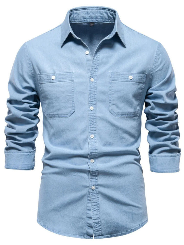 Men's Collared Neck Long Sleeve Denim Shirt - cas7m