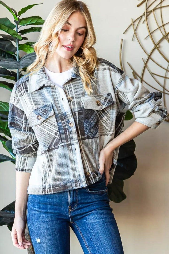 Reborn J Plaid Button Up Long Sleeve Shacket - cas7m