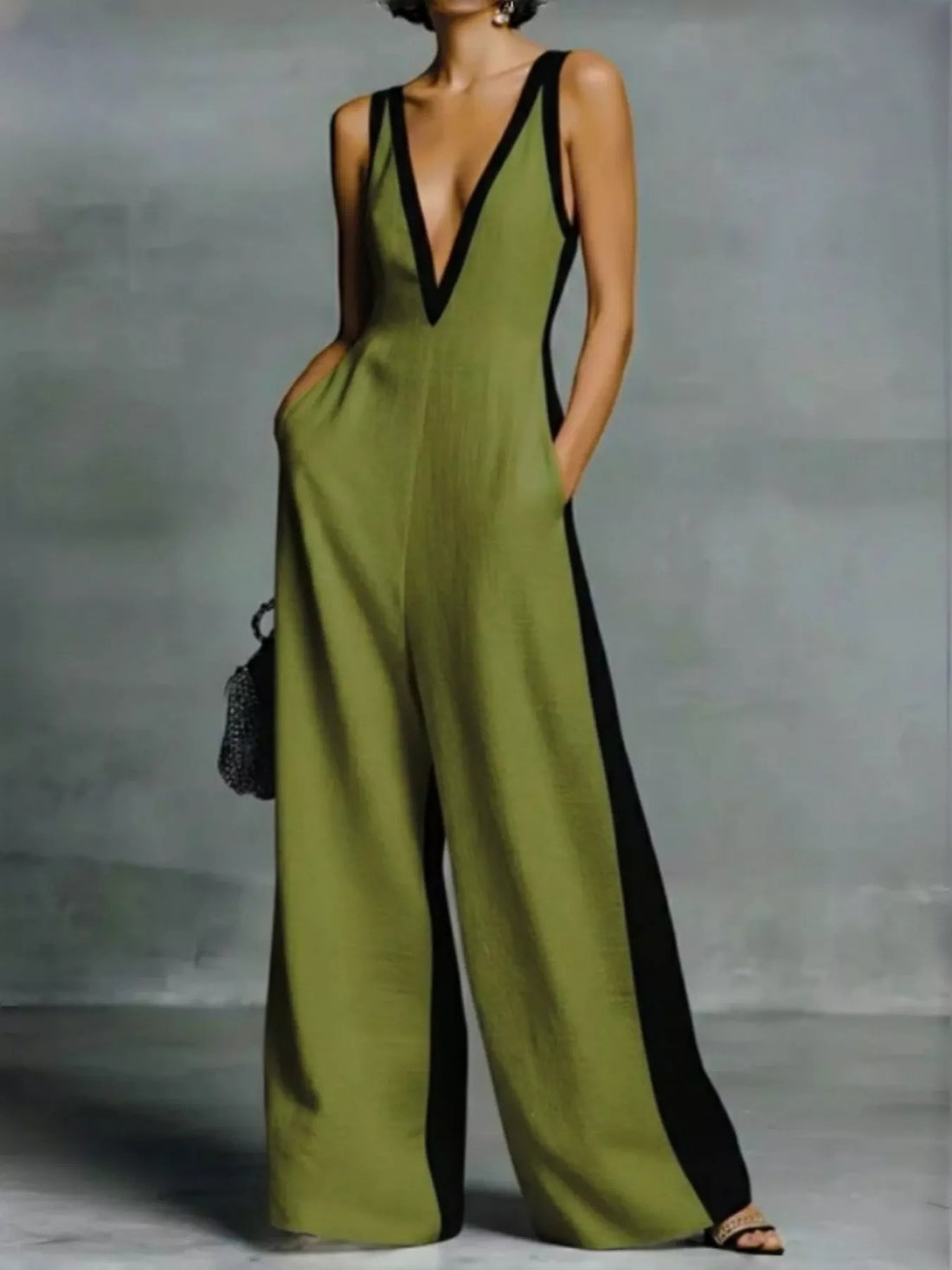Contrast Trim V-Neck Jumpsuit - cas7m