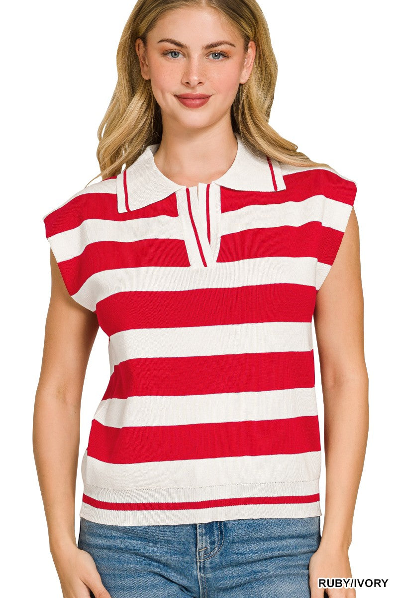 Zenana Viscose Striped Collared Sweater Vest - cas7m