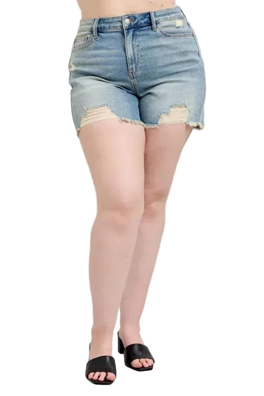 Judy Blue Plus Size High Rise Washed Fly Stitch Detail and Destroy Denim Shorts - cas7m