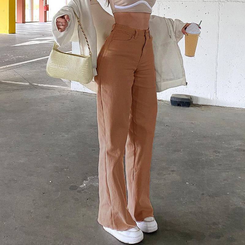 High Waist Wide Leg Denim Jeans with Slash Pockets