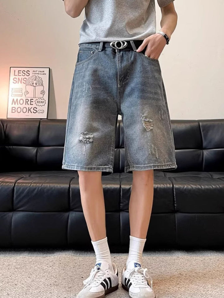 Men's Full Size Ripped Wide Leg Denim Shorts Plus Size - cas7m