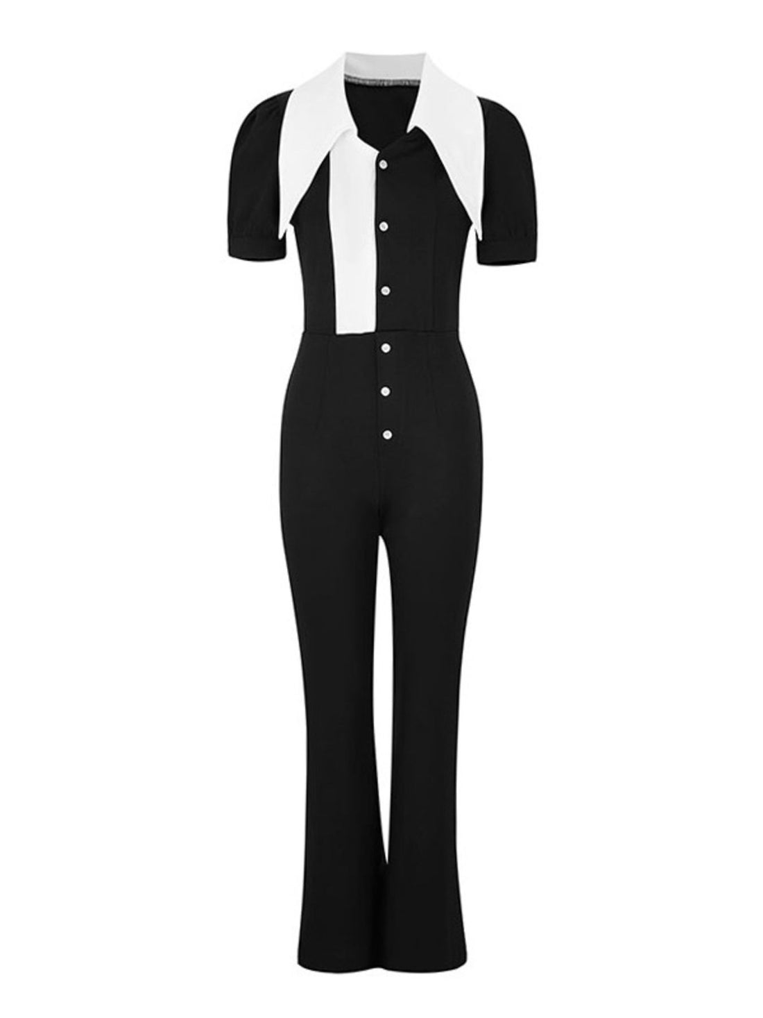 Contrast Button-Down Wide Leg Jumpsuit - cas7m