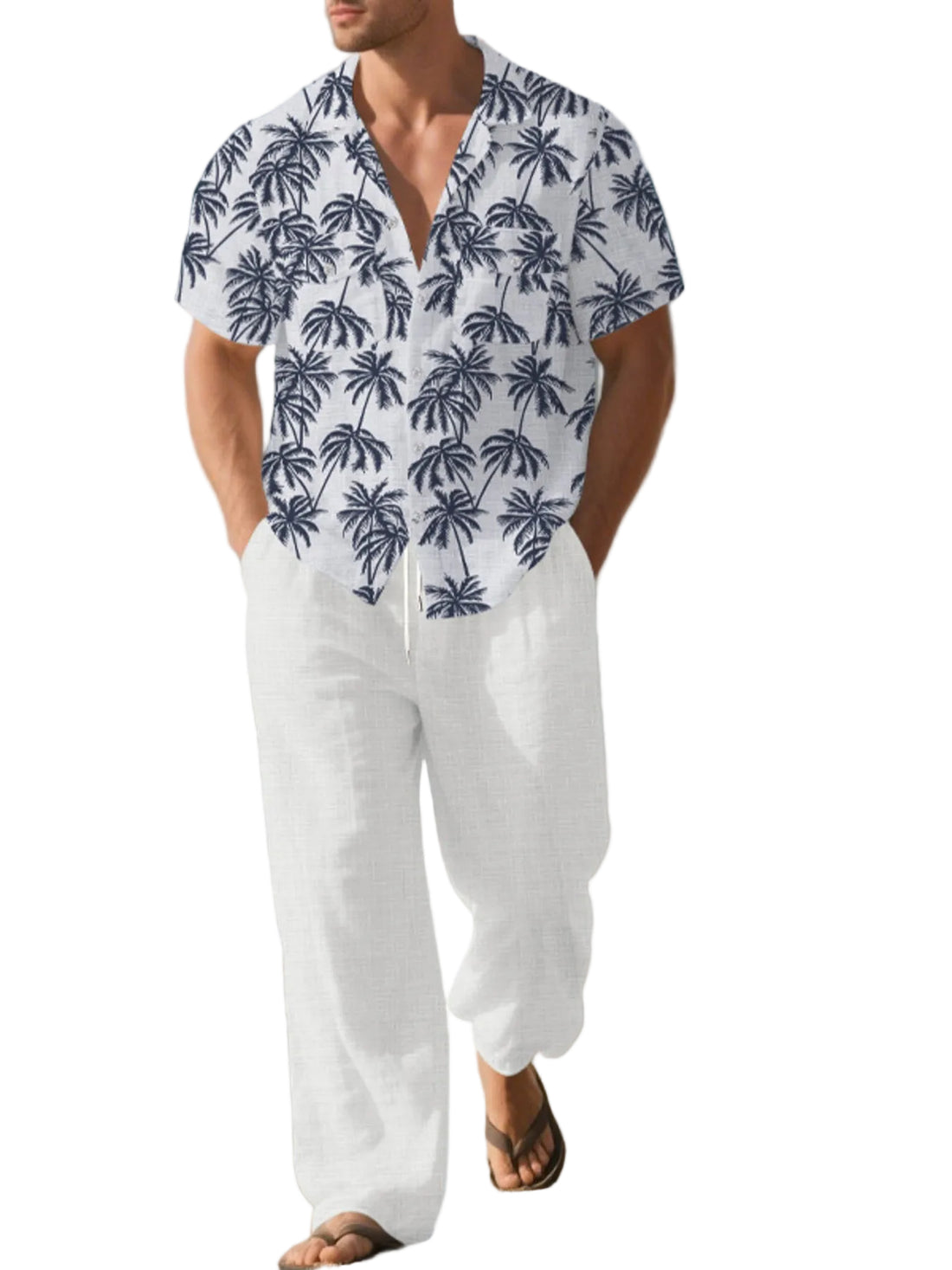 Men's Full Size Tropical Palm Print Button Up Shirt and Pants Set Plus Size - cas7m