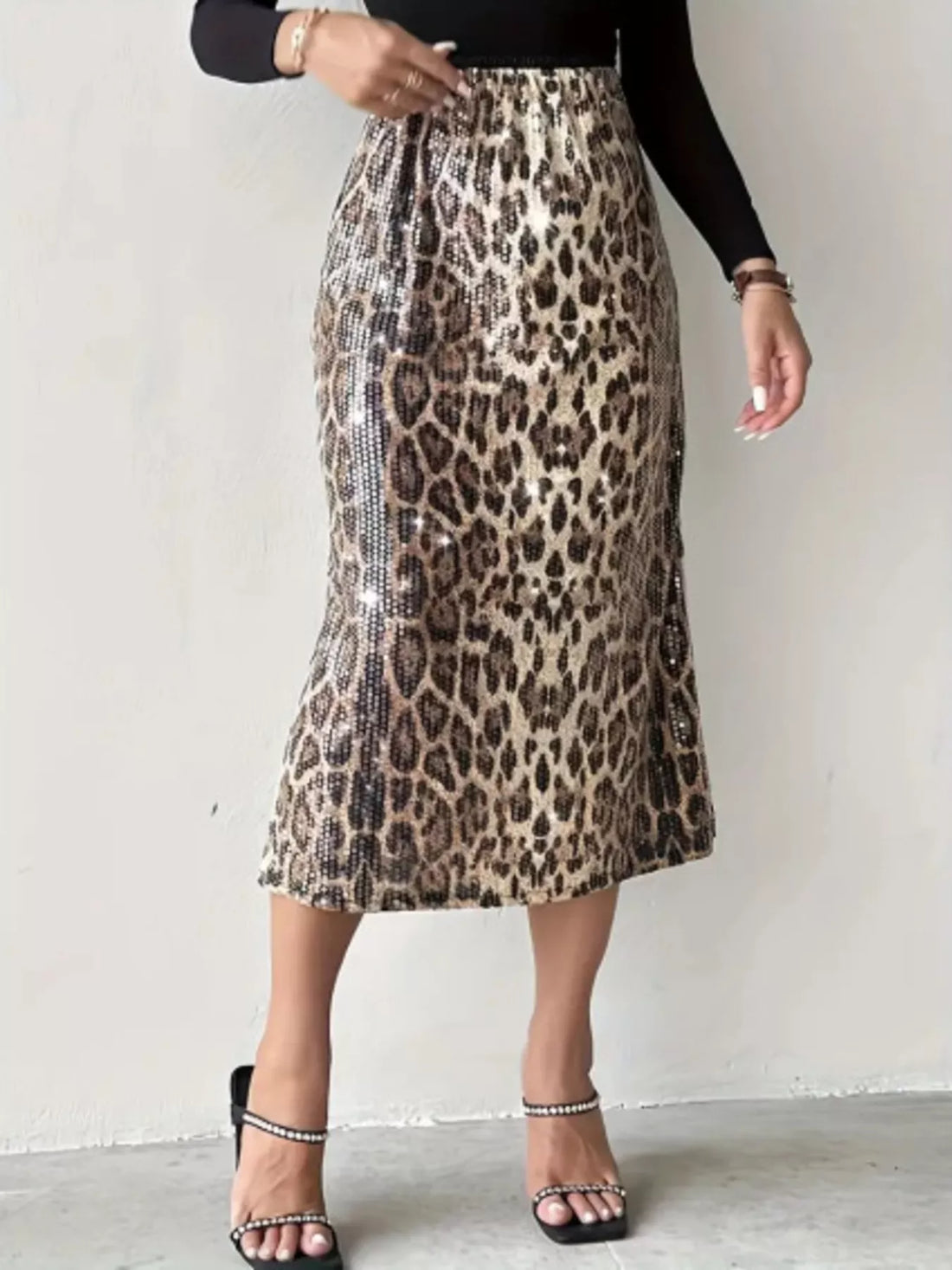 Sequin Leopard Midi Skirt - cas7m