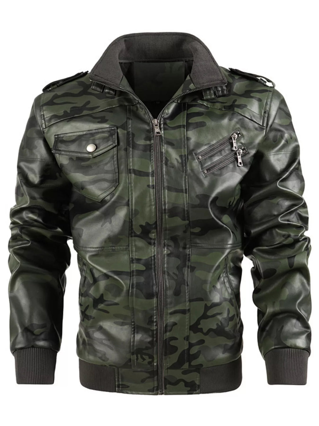 Men's Full Size Zip Up Camouflage Faux Leather Jacket Plus Size - cas7m