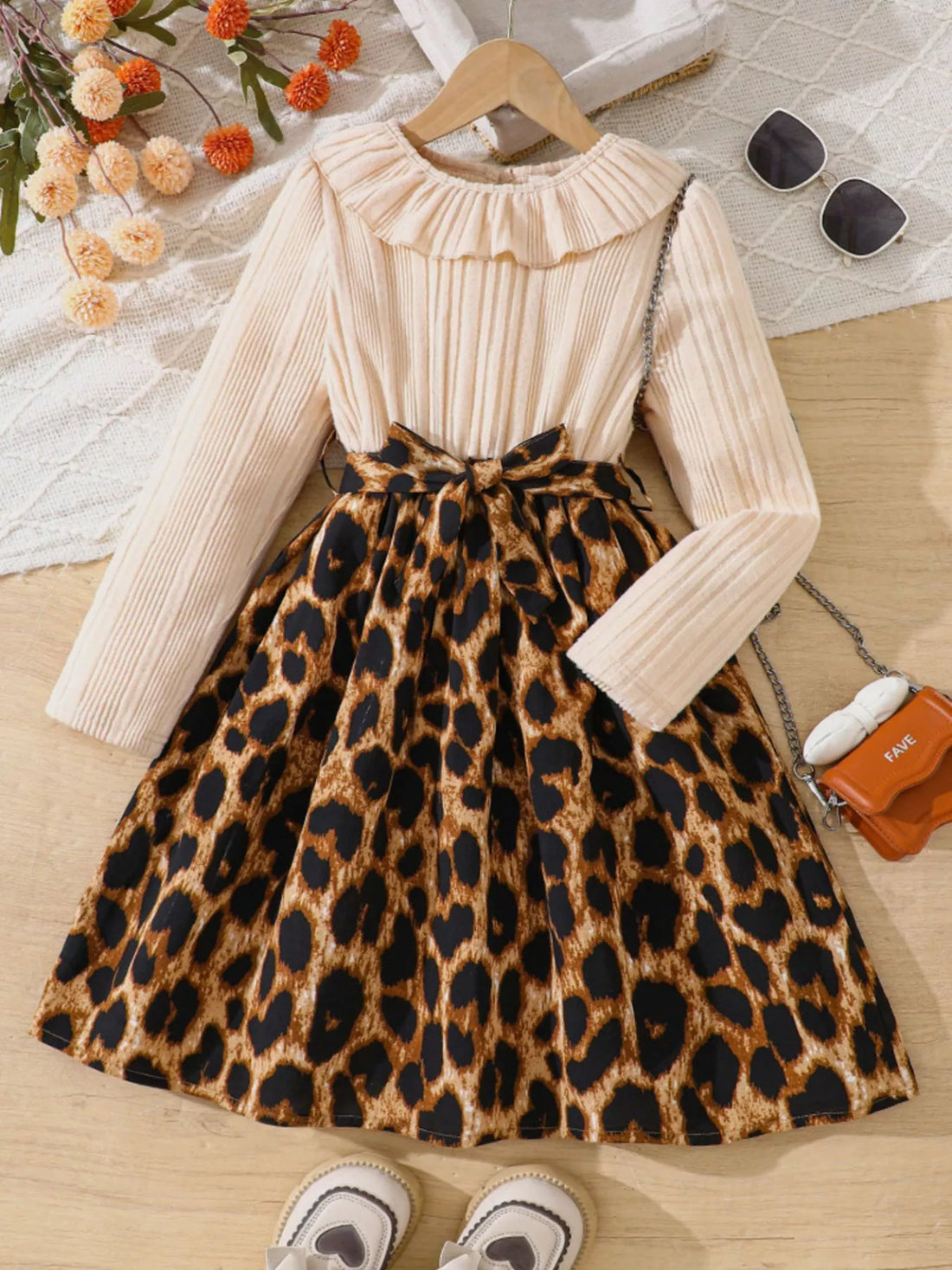 Children's Leopard Print Ruffle Collar Long Sleeve Dress - cas7m