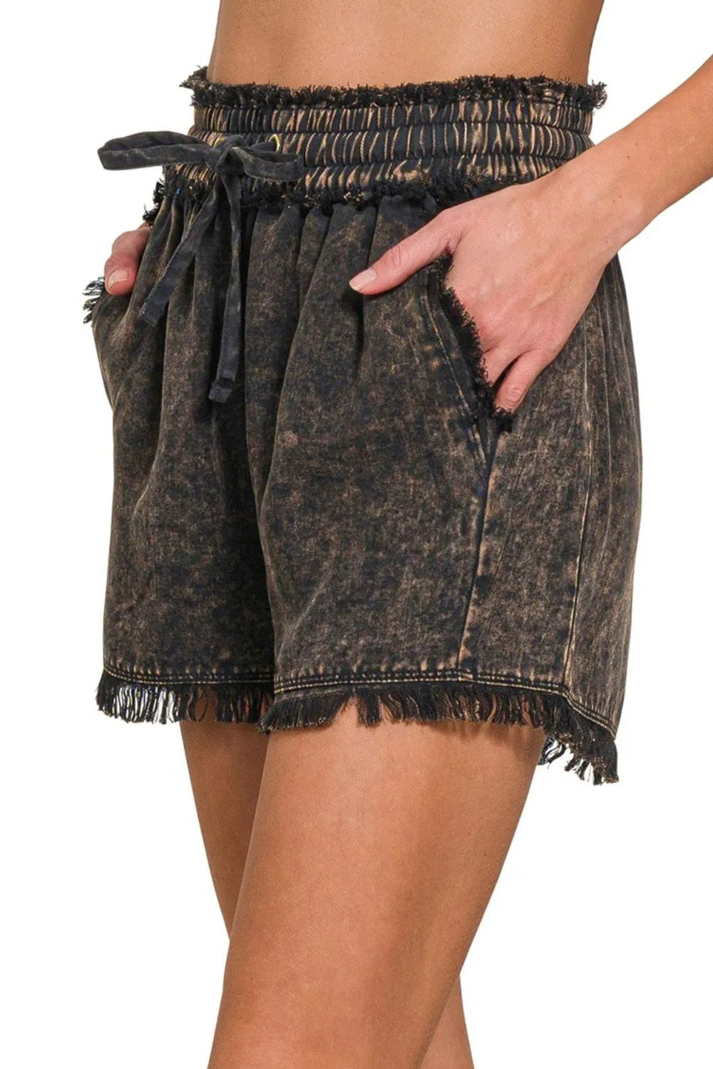 Zenana Mineral Frayed Hem Washed Shorts - cas7m