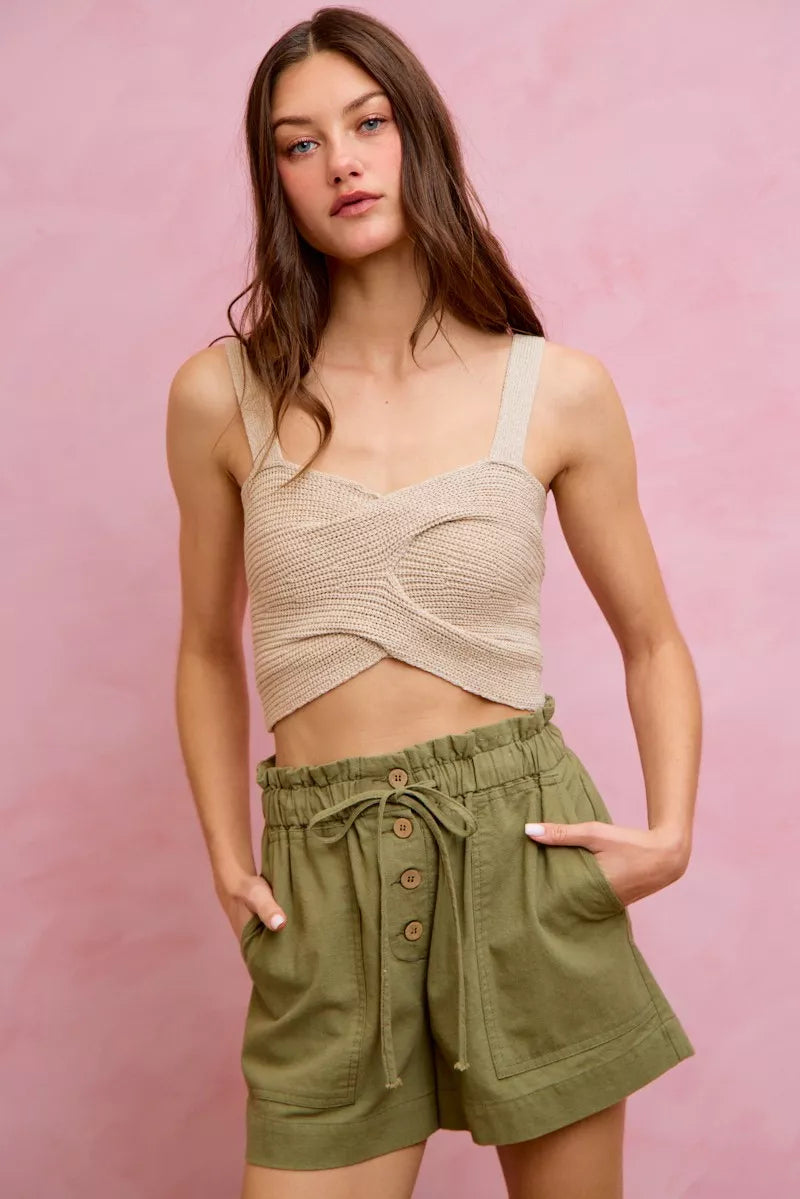 SO ME Paper Bag Patch Pocket Drawstring Twill Shorts - cas7m