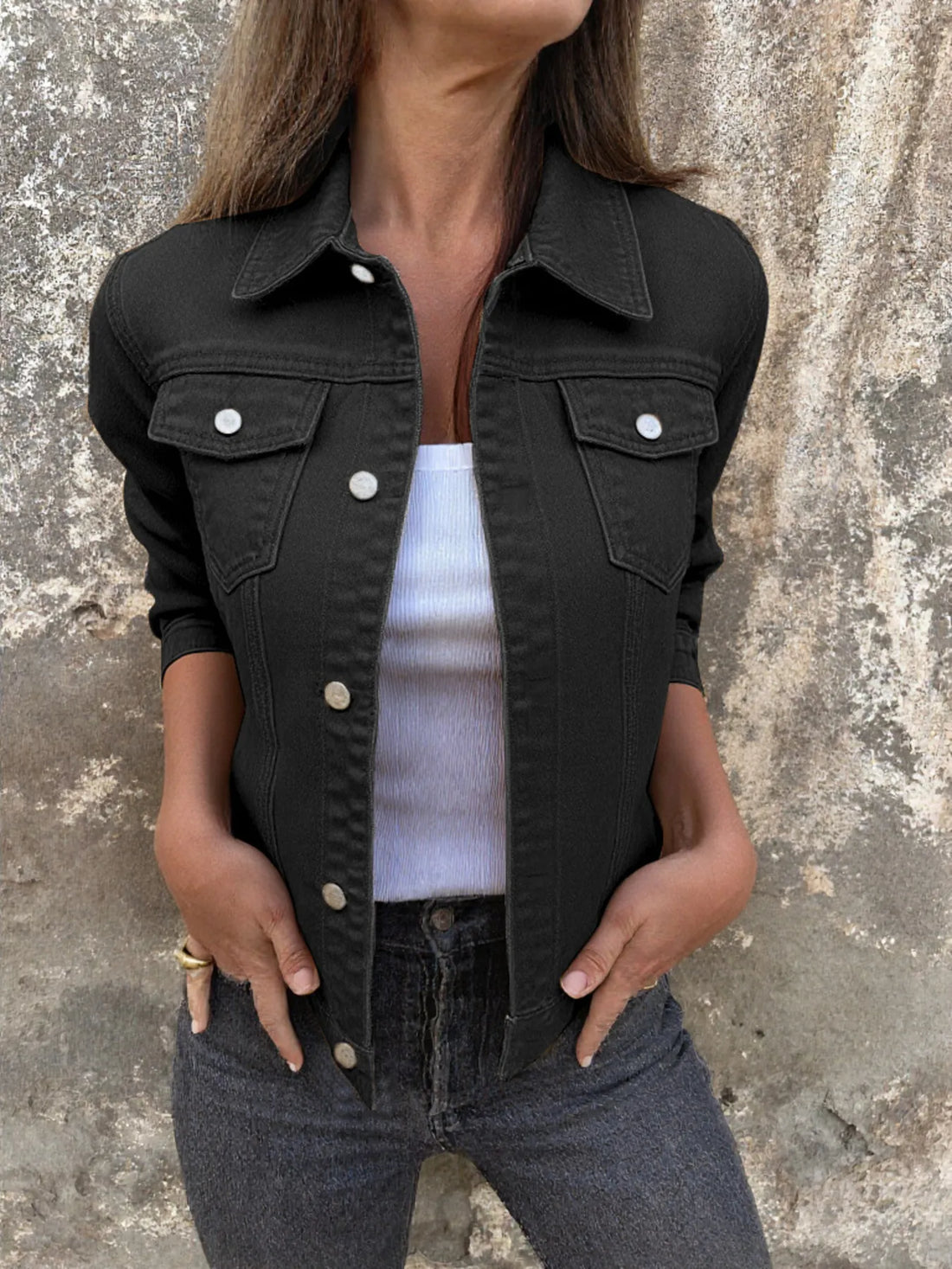Button Front Closure Denim Jacket - cas7m