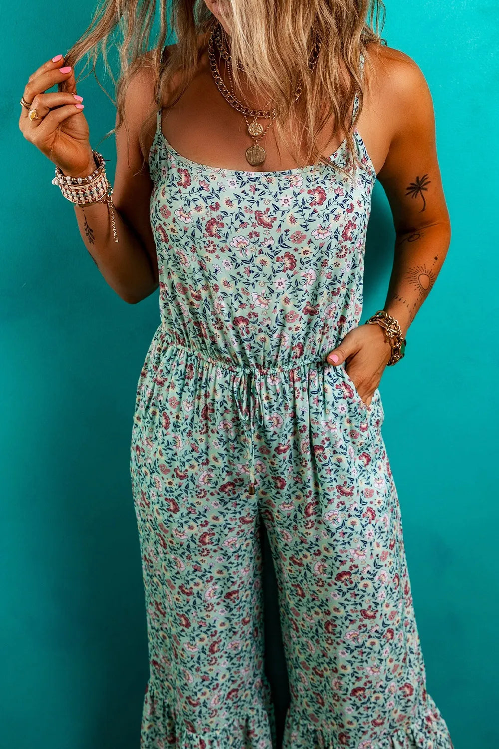 Bohemian Floral Ruffle Bottom Spaghetti Strap Jumpsuit - cas7m