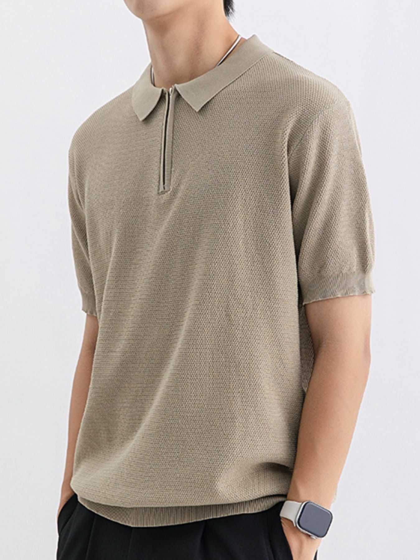 Men's Plus Size Textured Knit Zip-Up Polo - cas7m
