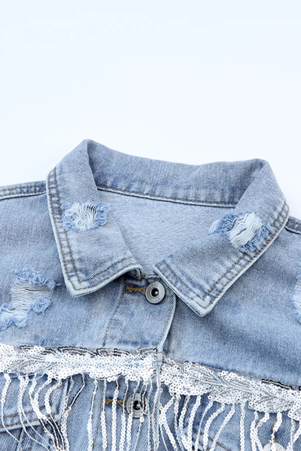 Fringed Sequin Embellished Denim Jacket - cas7m