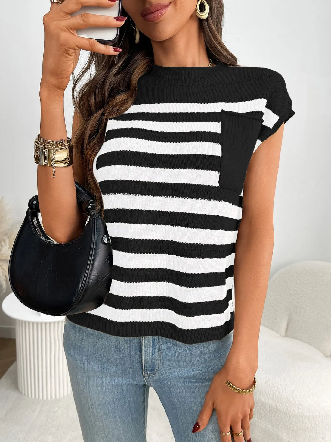 Striped Mock Neck Cap Sleeve Knit Top - cas7m
