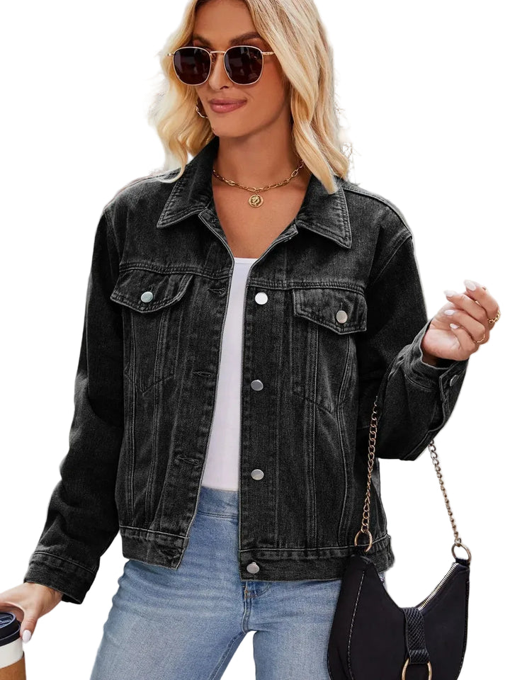 Pocketed Collared Neck Denim Jacket - cas7m