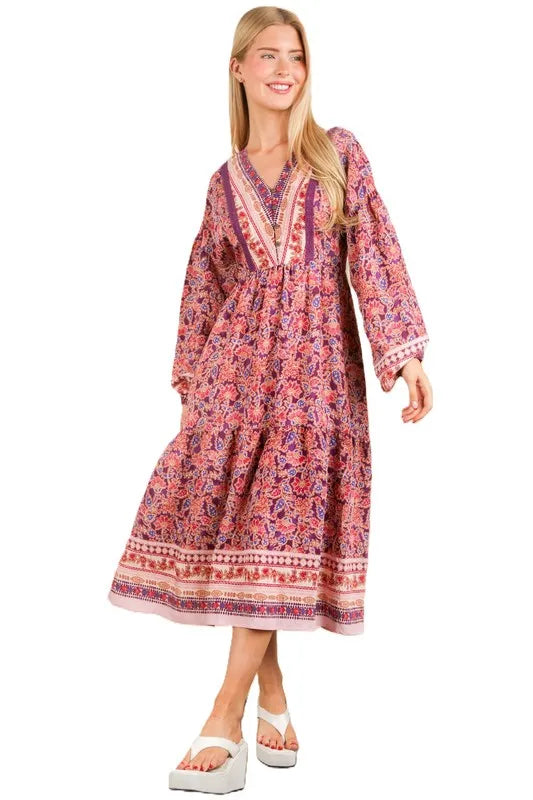 VERY J Floral Printed Boho V-Neck Balloon Sleeve Dress - cas7m