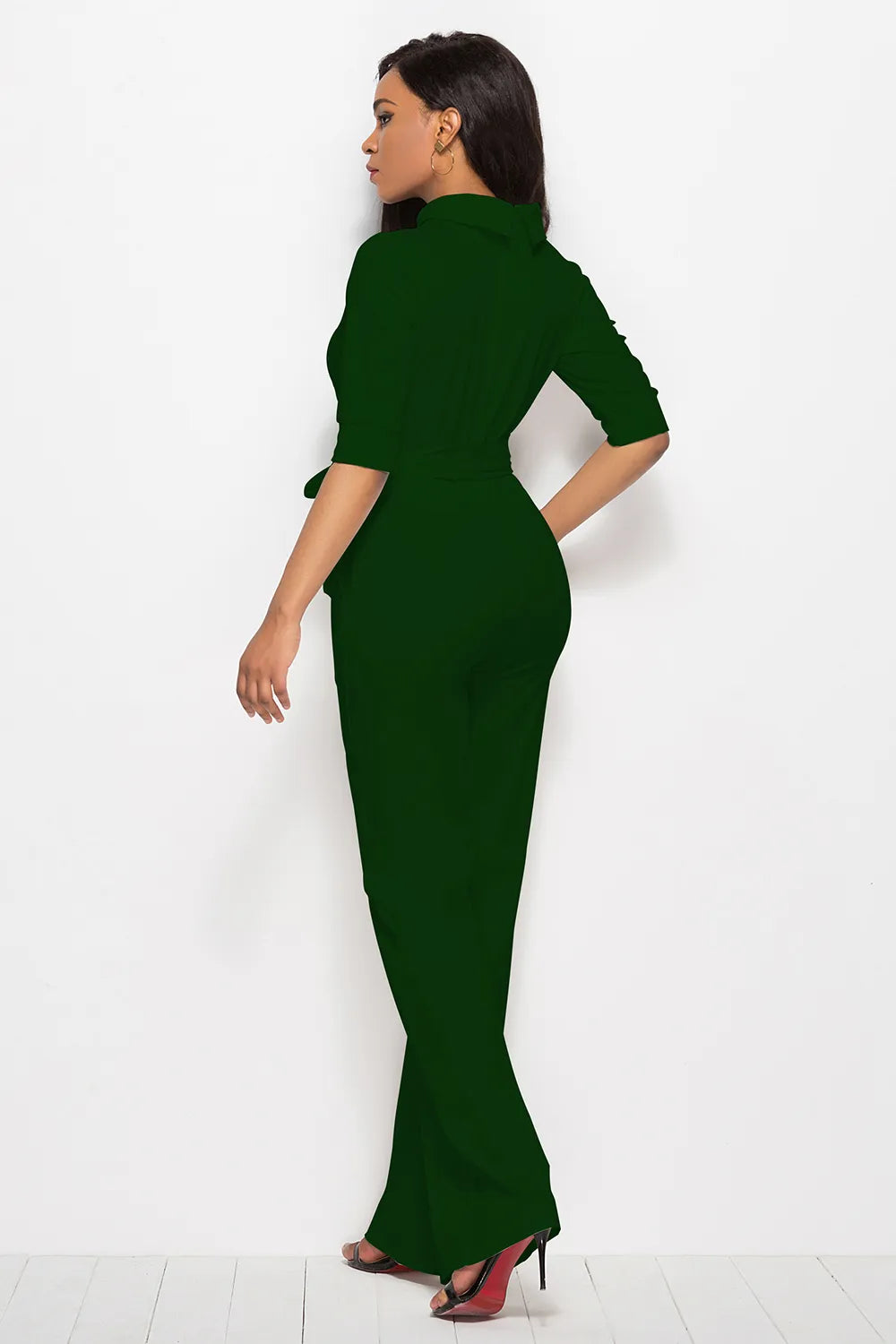 Mock Neck Tie-Waist Half Sleeve Jumpsuit - cas7m
