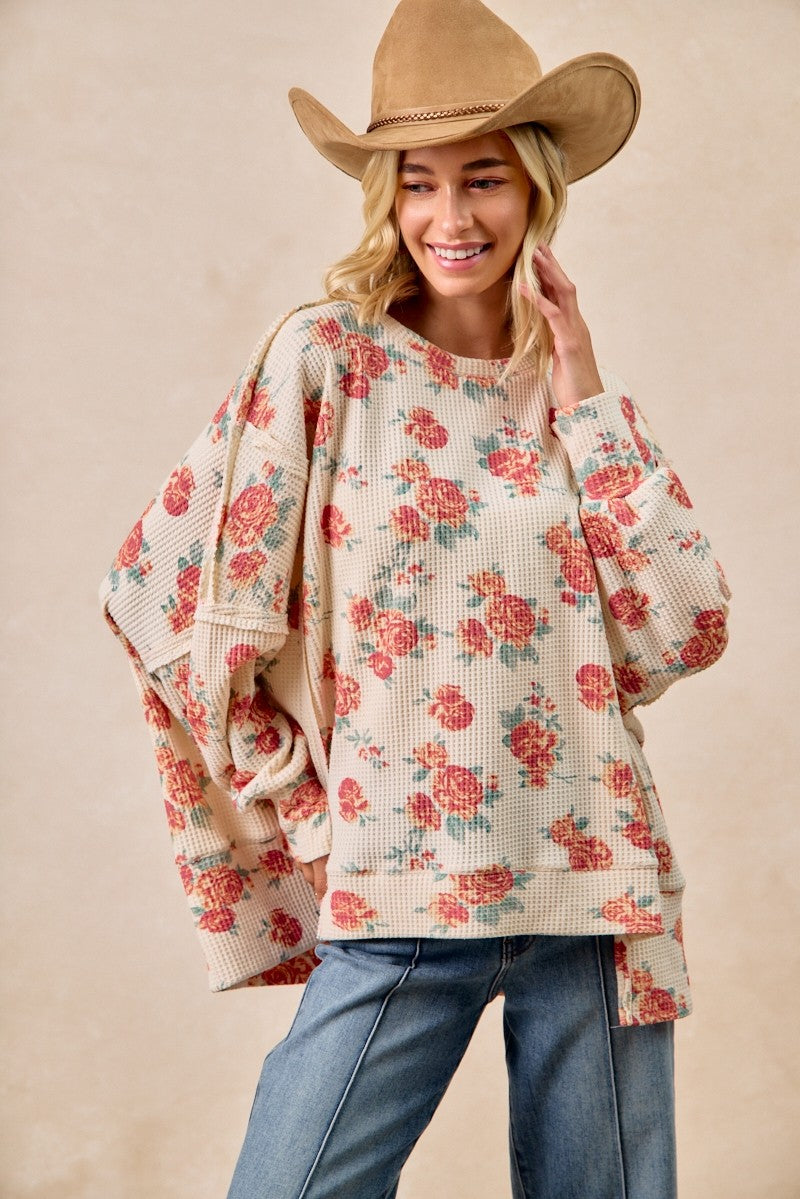 BiBi Floral Print Oversized Waffle Thermal Sweatshirt - cas7m