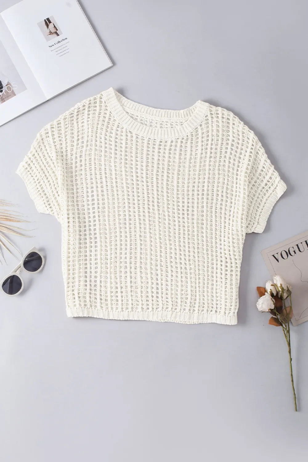 Openwork Round Neck Half Sleeve Knit Cover Up - cas7m