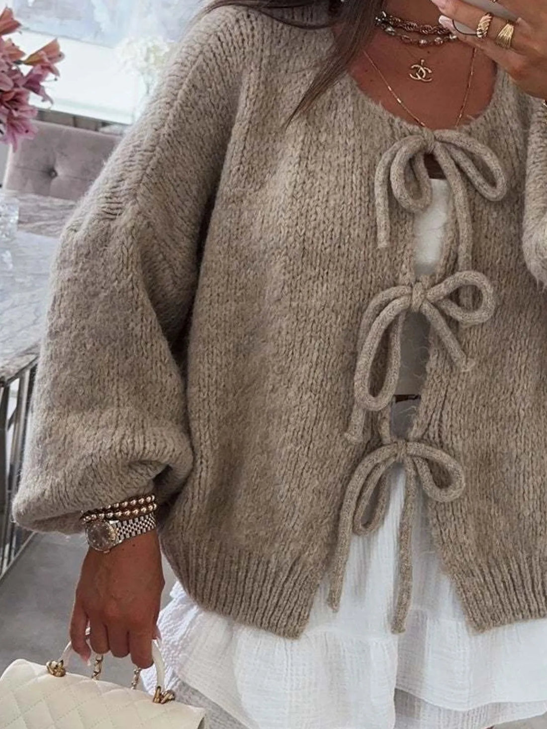 Cozy Bow-Tie Front Knit Cardigan - cas7m