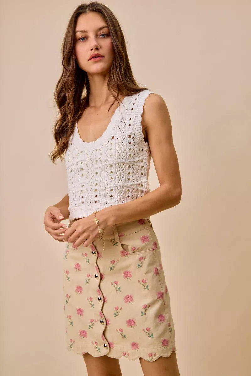 SO ME Floral Rose Print Cotton Twill Scallop Mini Skirt - cas7m