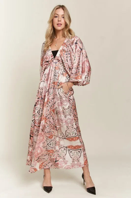 ADORA Printed V-Neck Batwing Sleeve Dress - cas7m