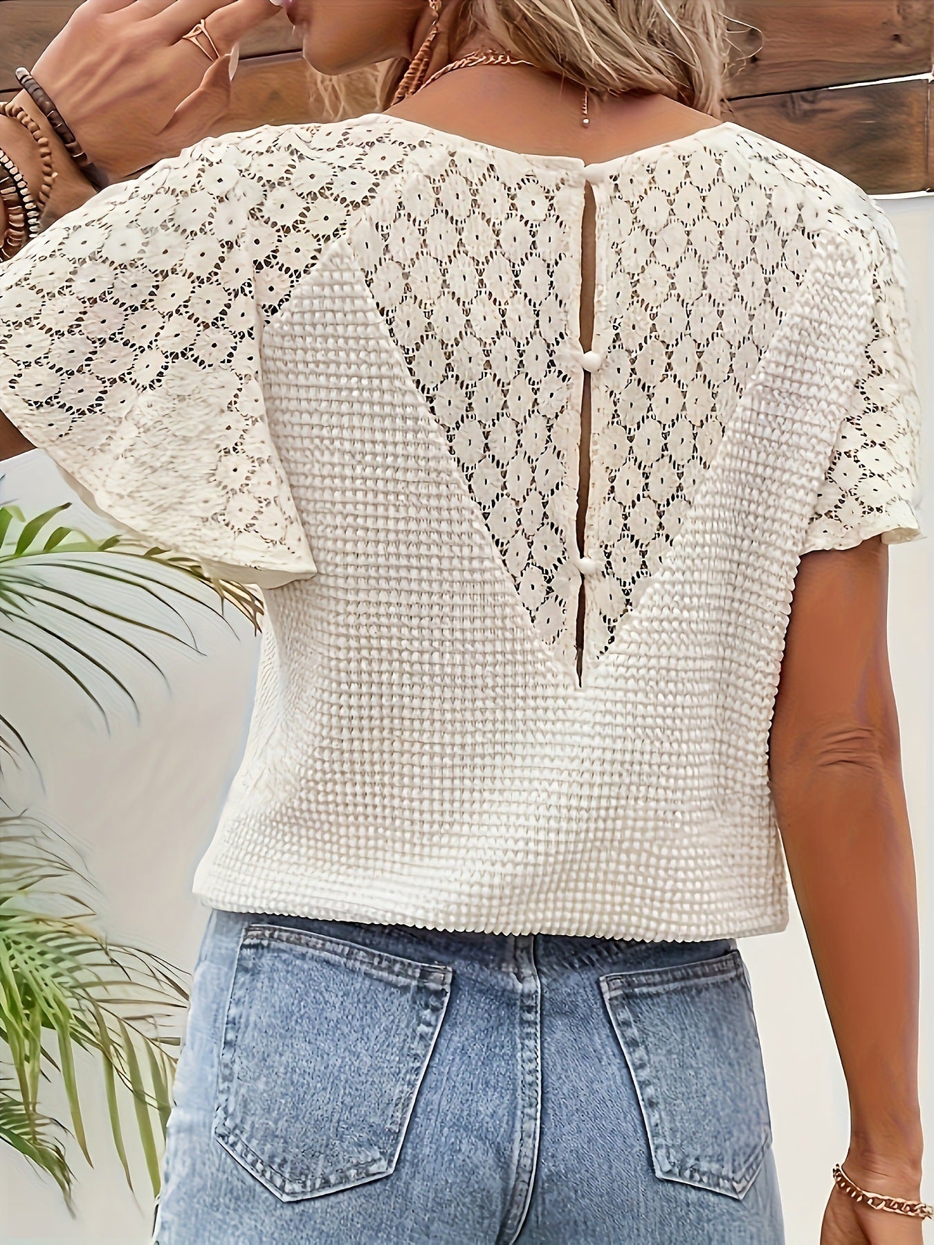 Waffle Knit Lace Sleeve V-Neck Blouse - cas7m