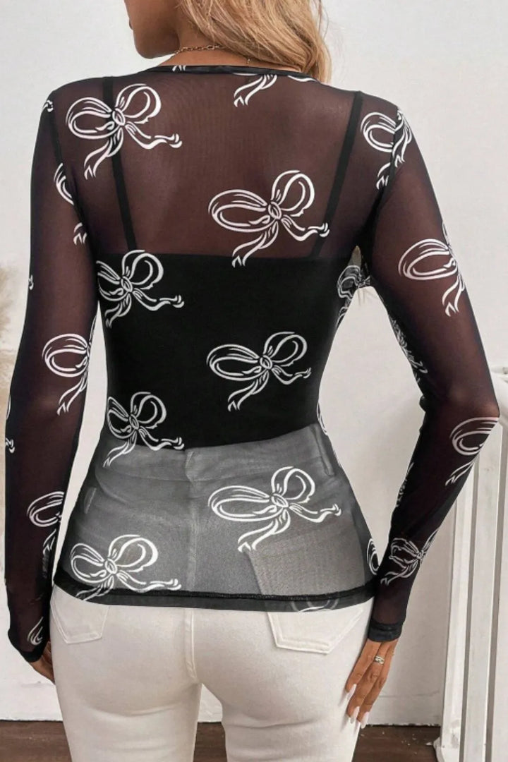 Bow Round Neck Long Sleeve Top - cas7m
