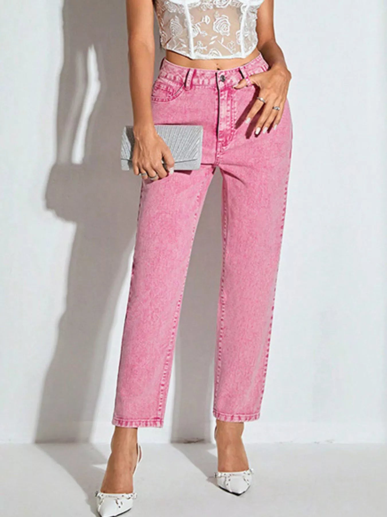 High-Waisted Wash Straight Leg Jeans - cas7m