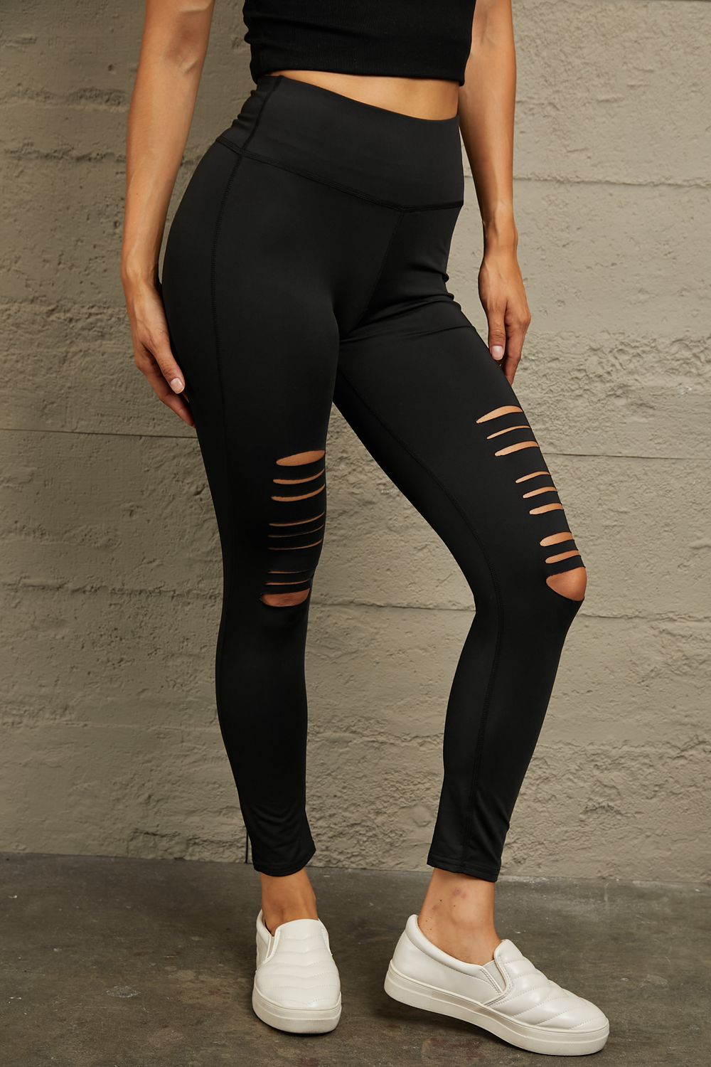 Wide Waistband Distressed Slim Fit Leggings - cas7m