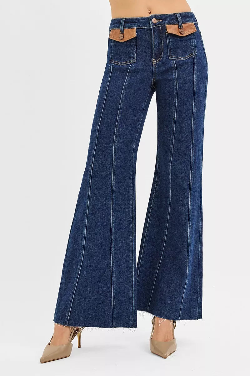 RISEN High Rise Wide Flare Jeans with Front Leather Pocket Detail - cas7m