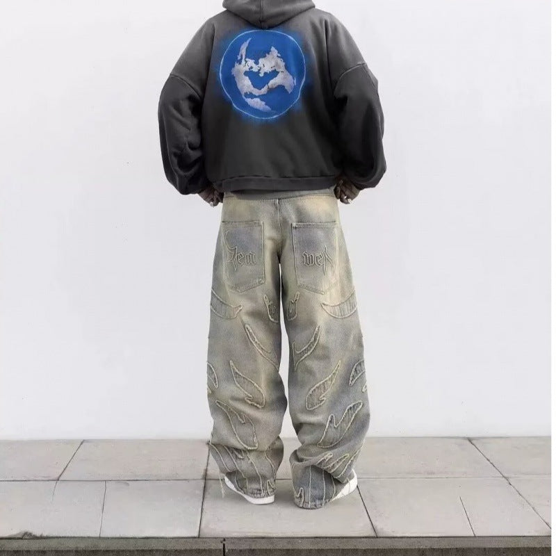 Loose Straight-leg Wide-leg Pants Mud Dyed Ripped Jeans For Men - cas7m
