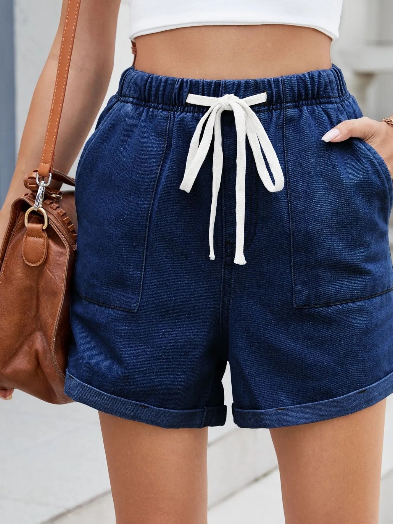 Drawstring Wash Denim Shorts - cas7m