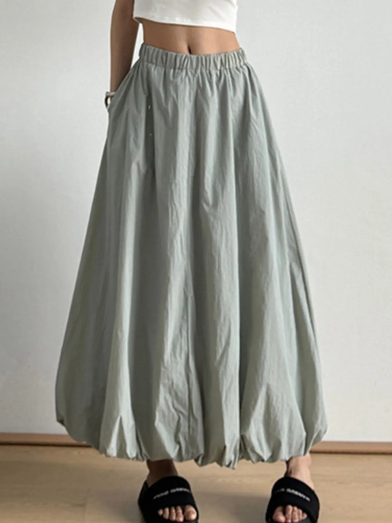 Elastic Waist Bubble Hem Maxi Skirt - cas7m