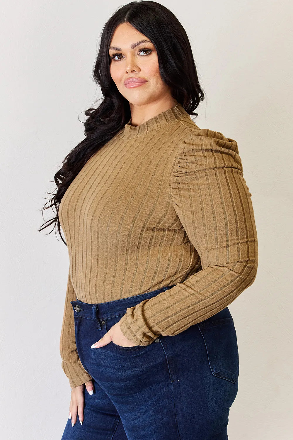 Basic Bae Full Size Ribbed Mock Neck Puff Sleeve T-Shirt - cas7m