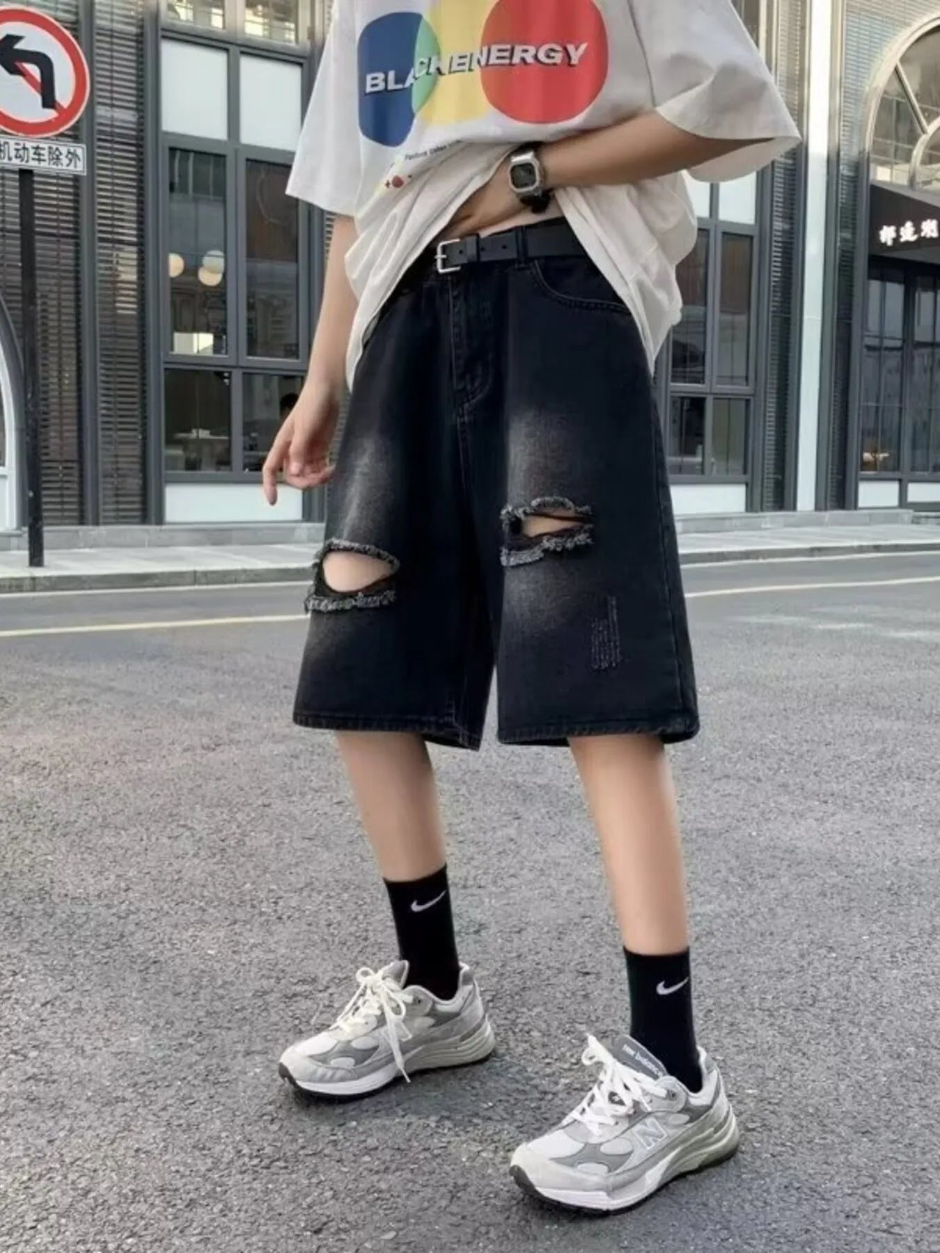 Men's Full Size Distressed Loose Fit Denim Shorts Plus Size - cas7m