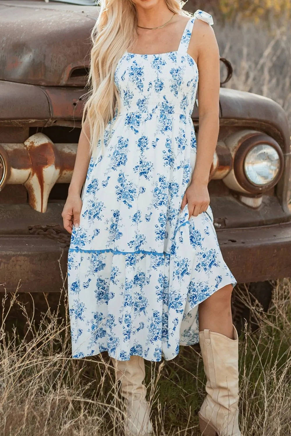 Printed Tie Shoulder Dress - cas7m