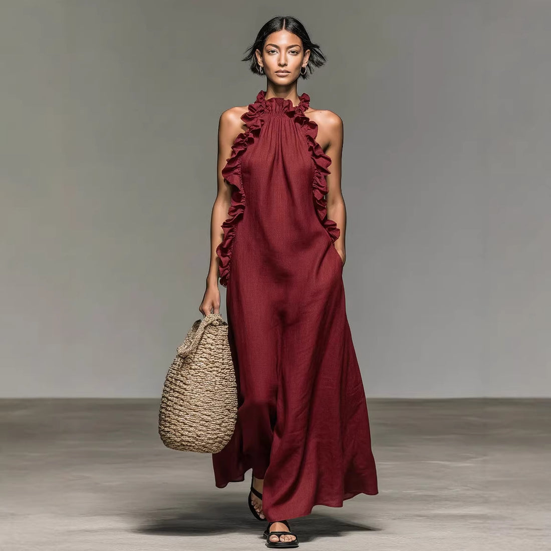 Resort Style Ruffled Halter Neck Sleeveless Maxi Dress - Loose Fit Flattering Flowy Skirt For Party Evening Gown - cas7m
