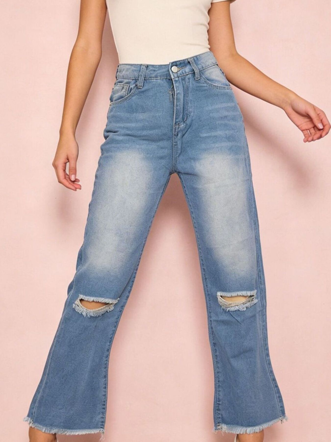 Distressed Raw Hem Bootcut Jeans - cas7m