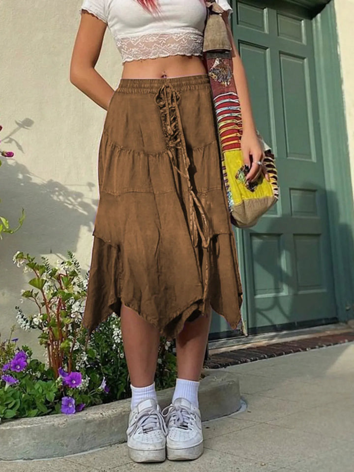 Asymmetrical Hem Midi Skirt with Drawstring Waist - cas7m