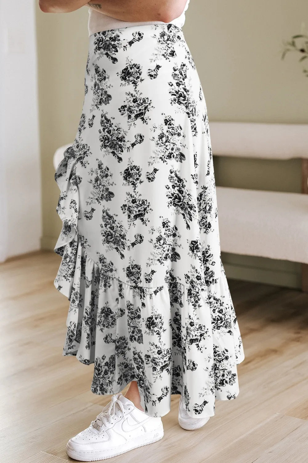 Boho Floral High Waist Ruffle Split Maxi Skirt - cas7m