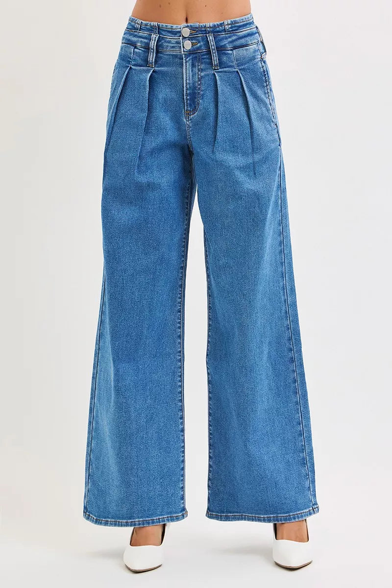 RISEN Full Size Mid Rise Fit Wide Leg with Pleated Detail Jeans Plus Size - cas7m