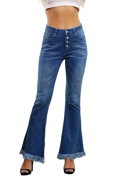 Frayed Hem Flared Denim Jeans - cas7m