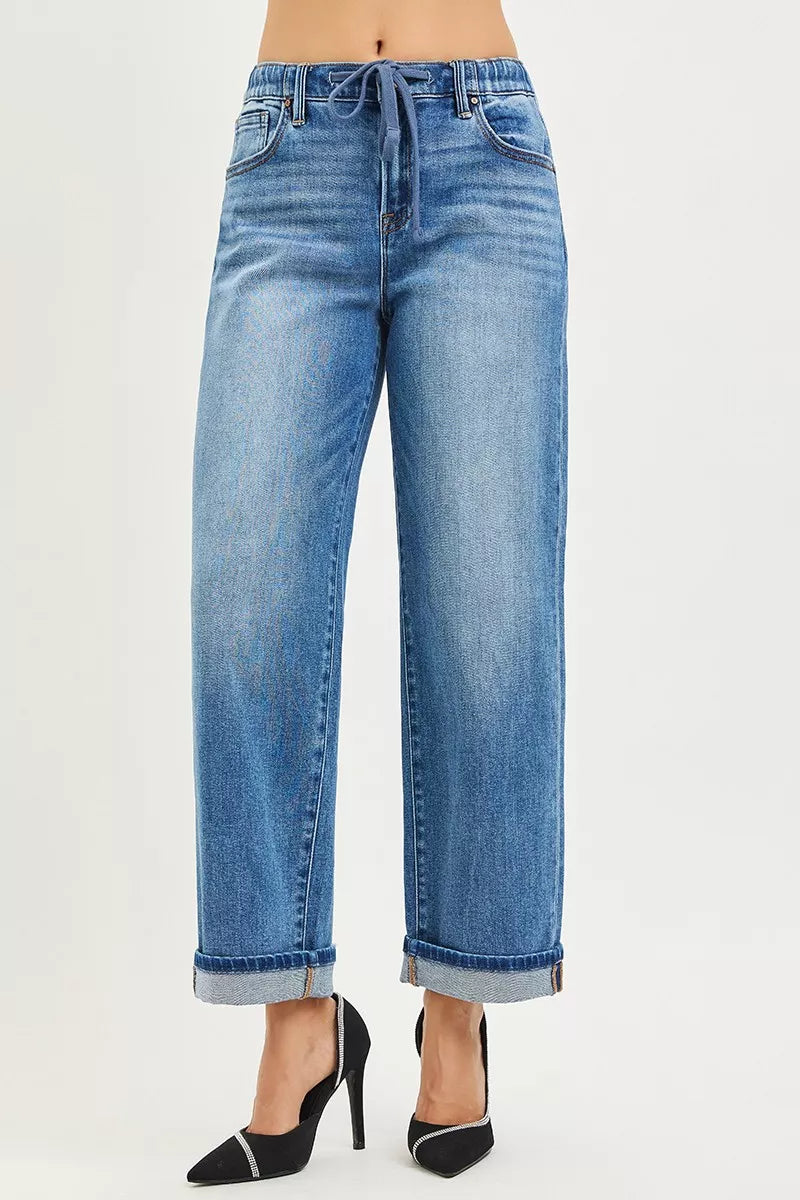 RISEN Elastic Band Slouch Ankle Boyfriend Cuffed Hem Jeans - cas7m