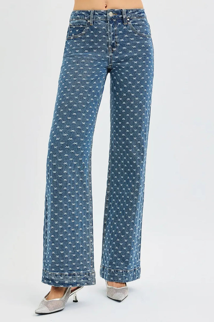 RISEN High Rise Wide Leg Bow Embroidered Jeans - cas7m
