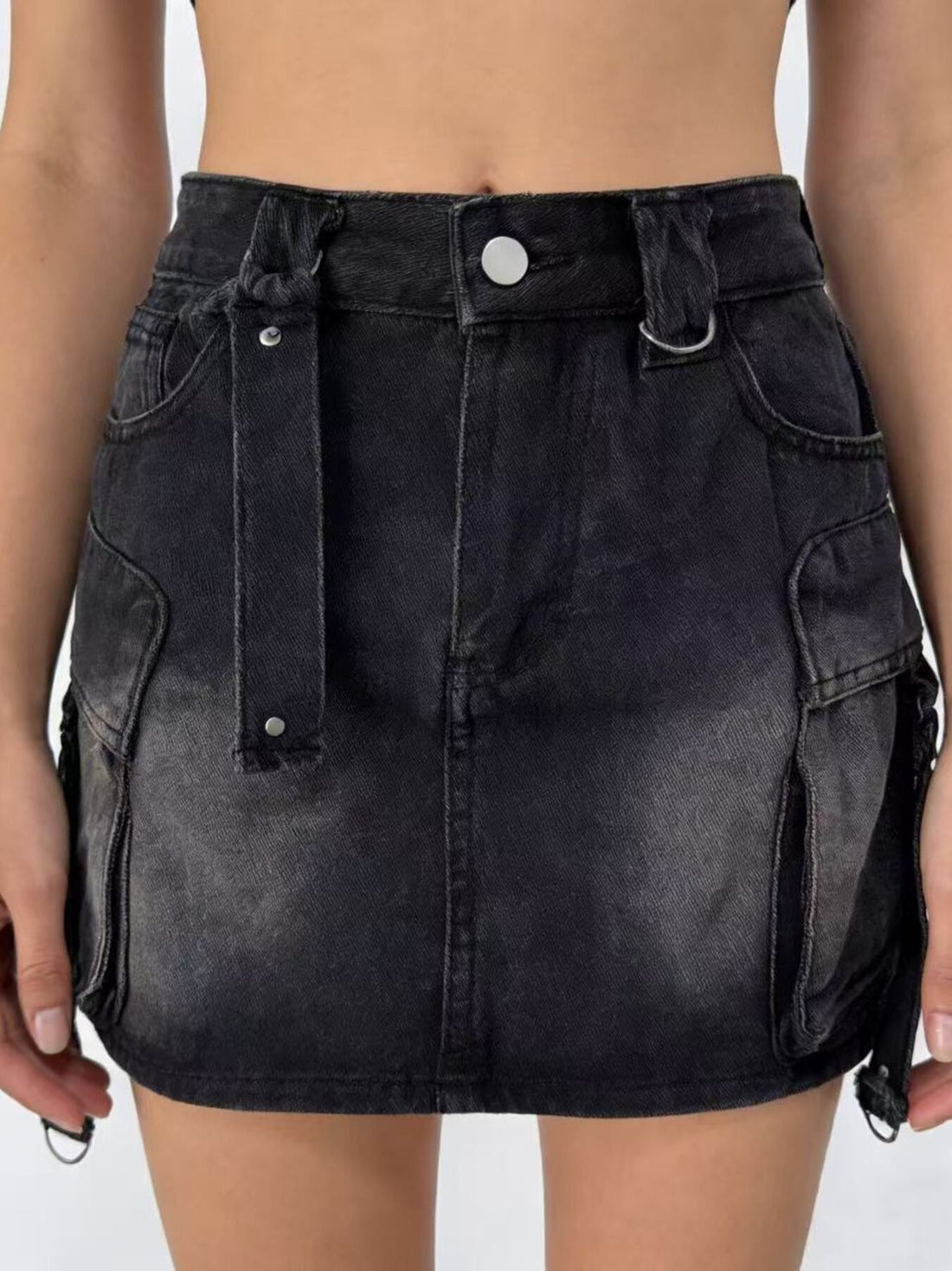Washed Cargo Denim Skirt - cas7m